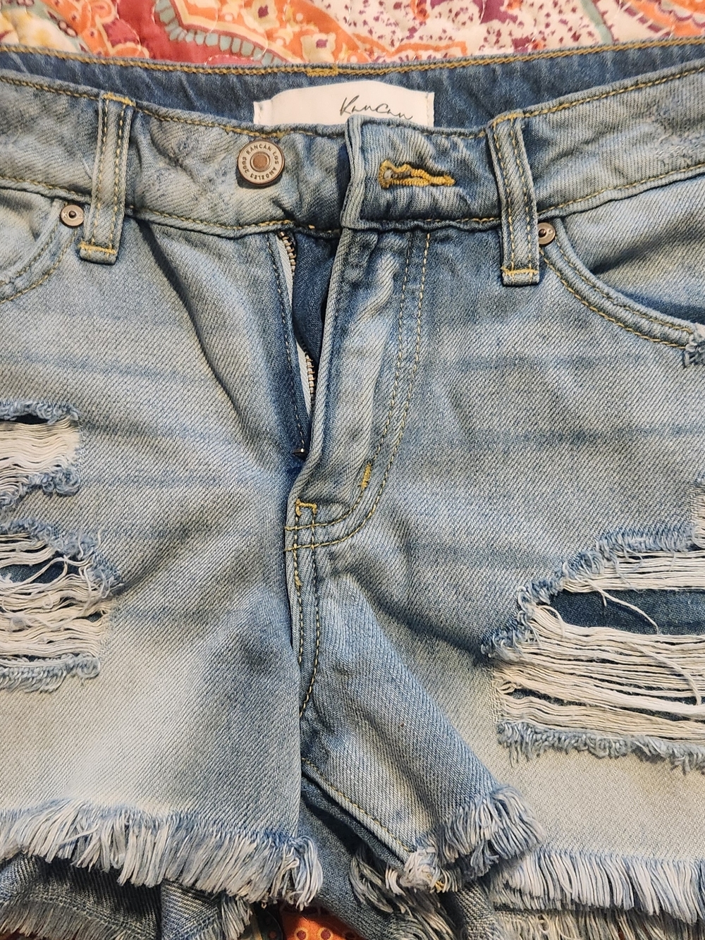 KanCan Light Blue Skinny Denim Shorts with Yellow Stitching